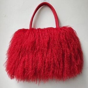 New Real Lamb Mongolian Red Dyed Wool Fur With Genuine Leather Handles Handbag